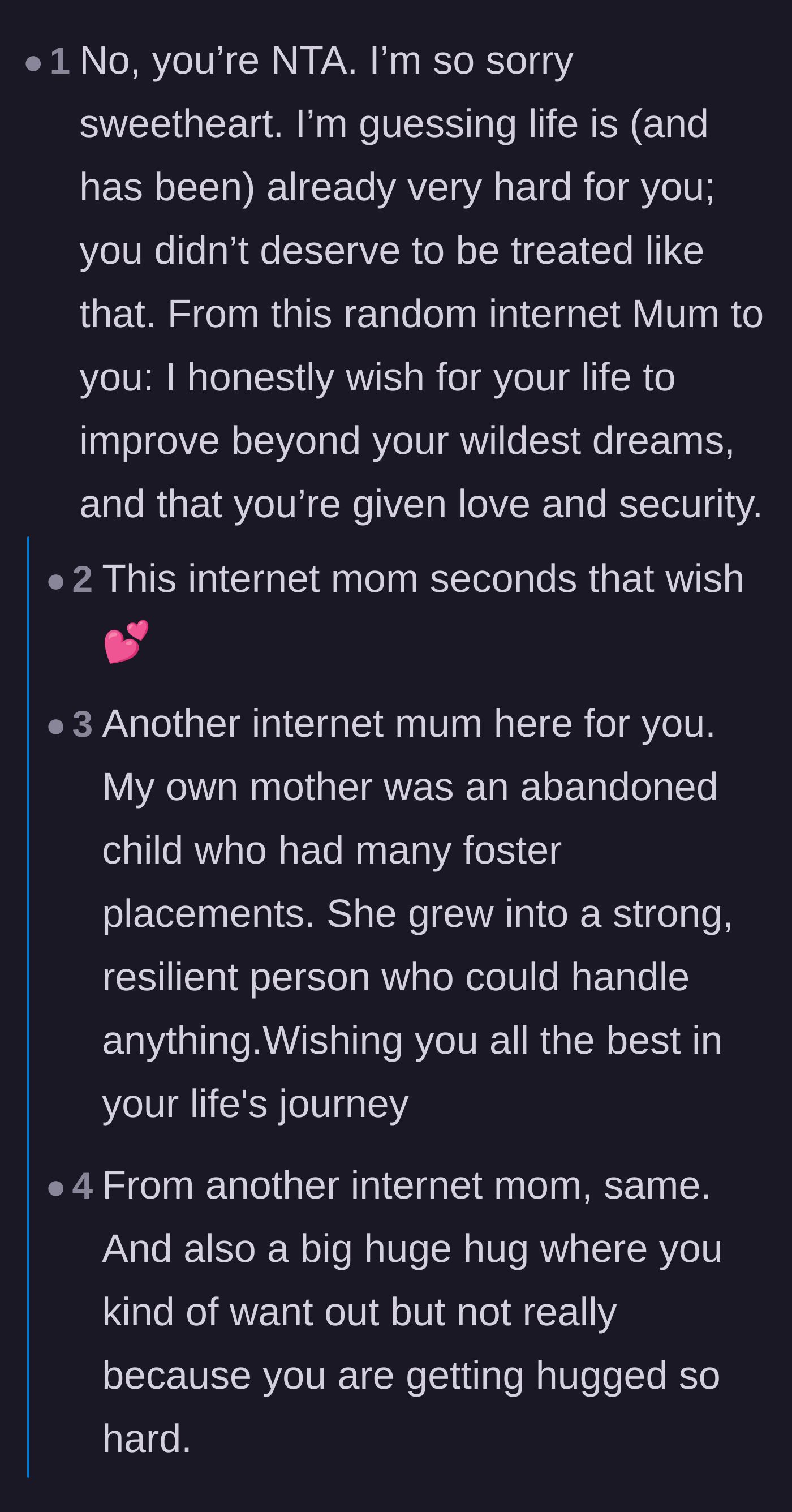 Comment thread 1 - A wave of support from mothers online offering the teenager the maternal love and validation she was denied.