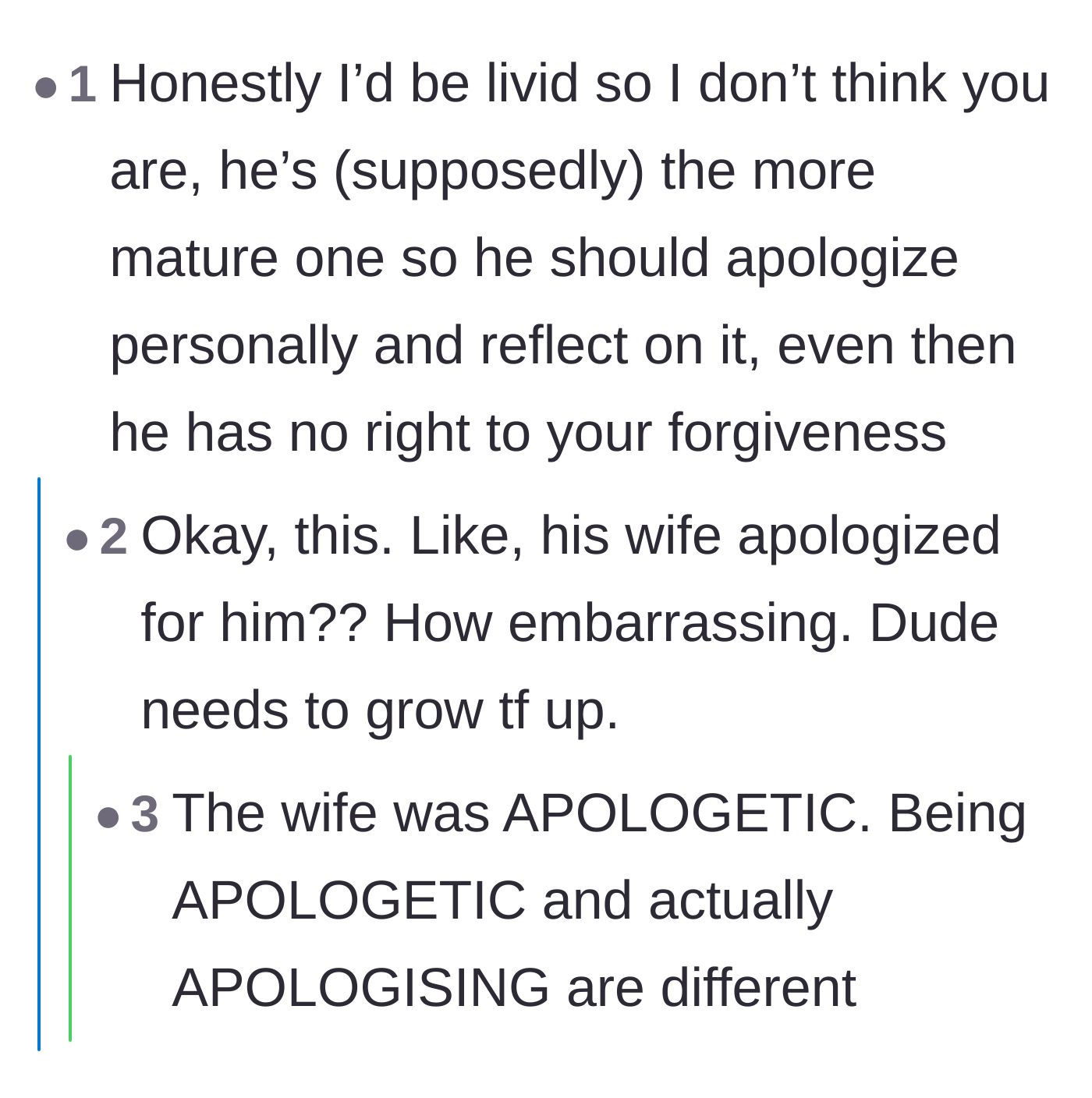 Comment thread 2 - Readers criticizing the uncle for cowardice and making his wife deliver a proxy apology.