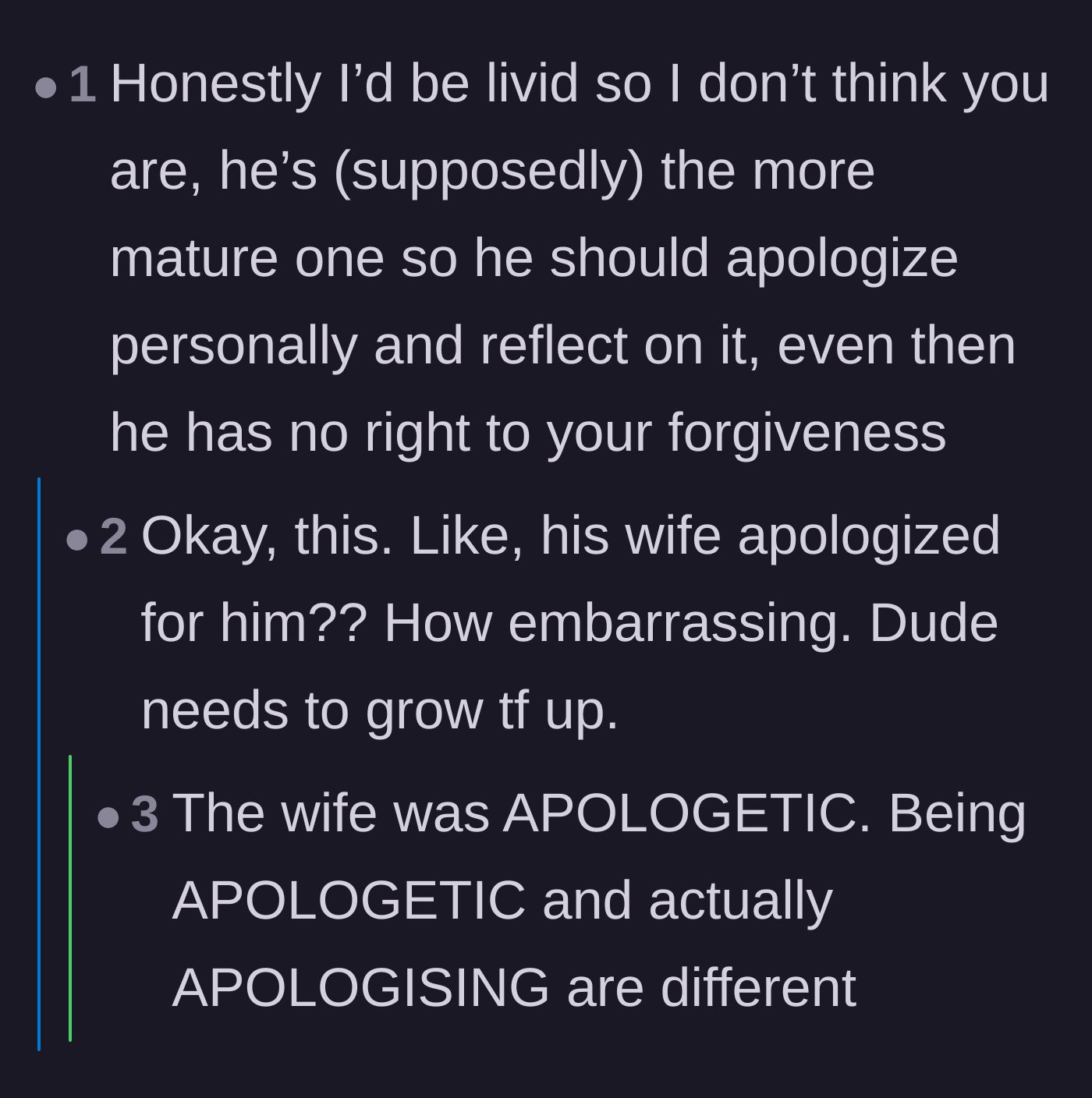 Comment thread 2 - Readers criticizing the uncle for cowardice and making his wife deliver a proxy apology.