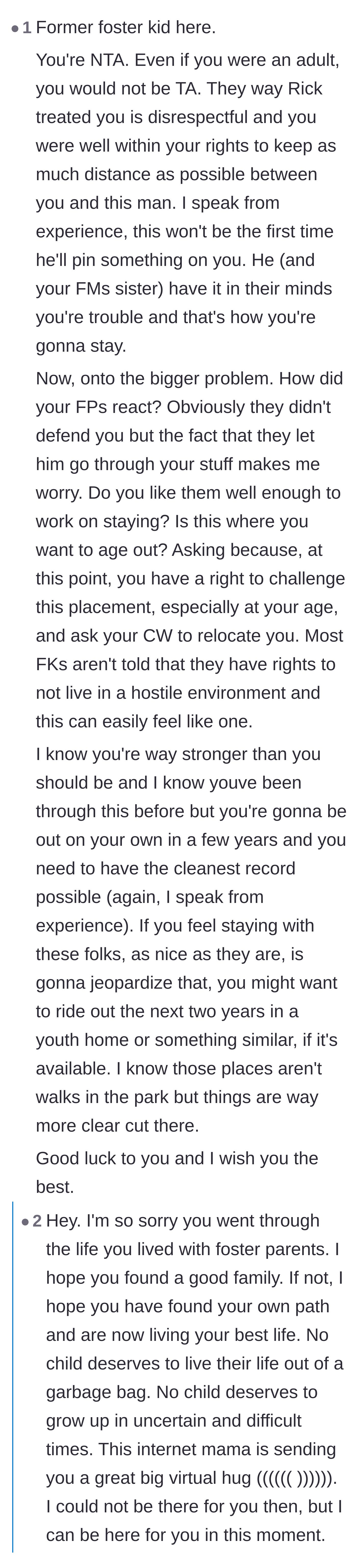 Comment thread 3 - A former foster child sharing systemic insights and questioning why the foster parents failed to protect the teen.