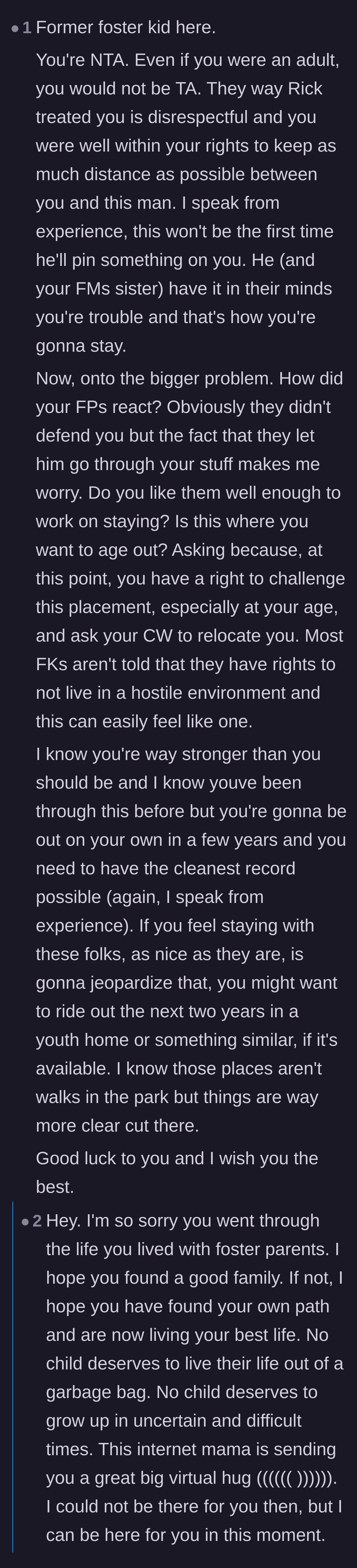 Comment thread 3 - A former foster child sharing systemic insights and questioning why the foster parents failed to protect the teen.