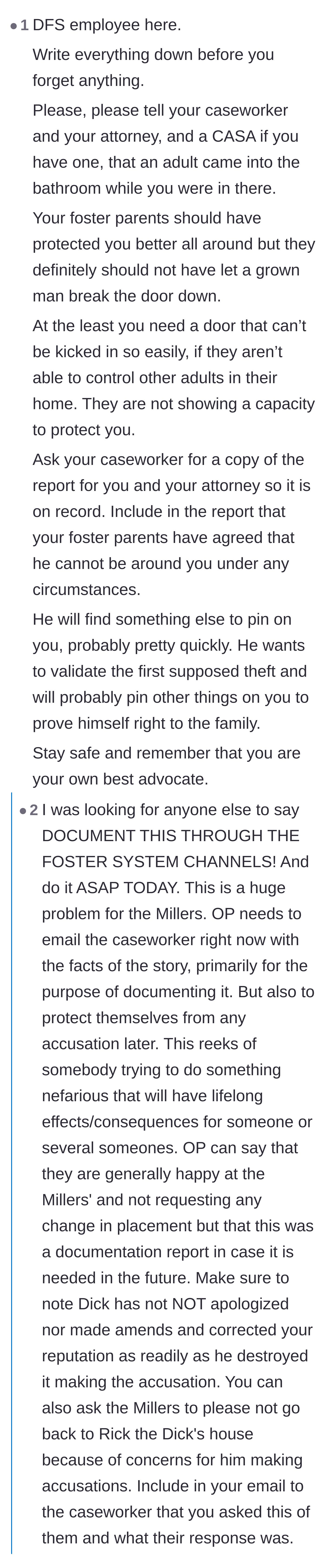 Comment thread 4 - A social services professional urging the teen to officially document the incident to protect her future.