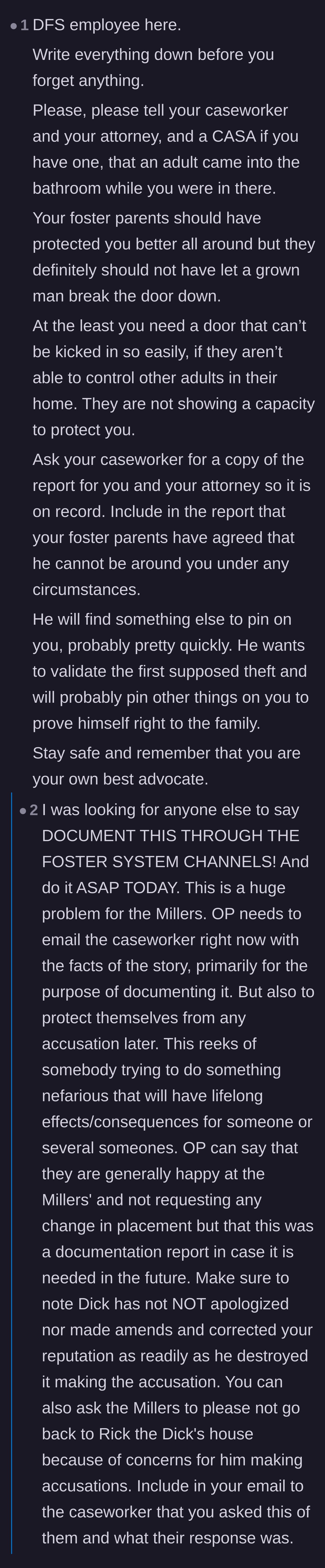 Comment thread 4 - A social services professional urging the teen to officially document the incident to protect her future.