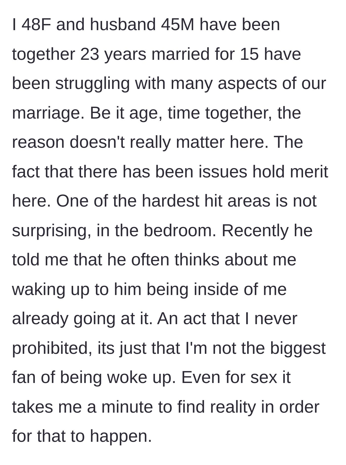 Story part 1 - Wife explains her long-term marital struggles and agrees to fulfill her husband's morning intimacy fantasy.