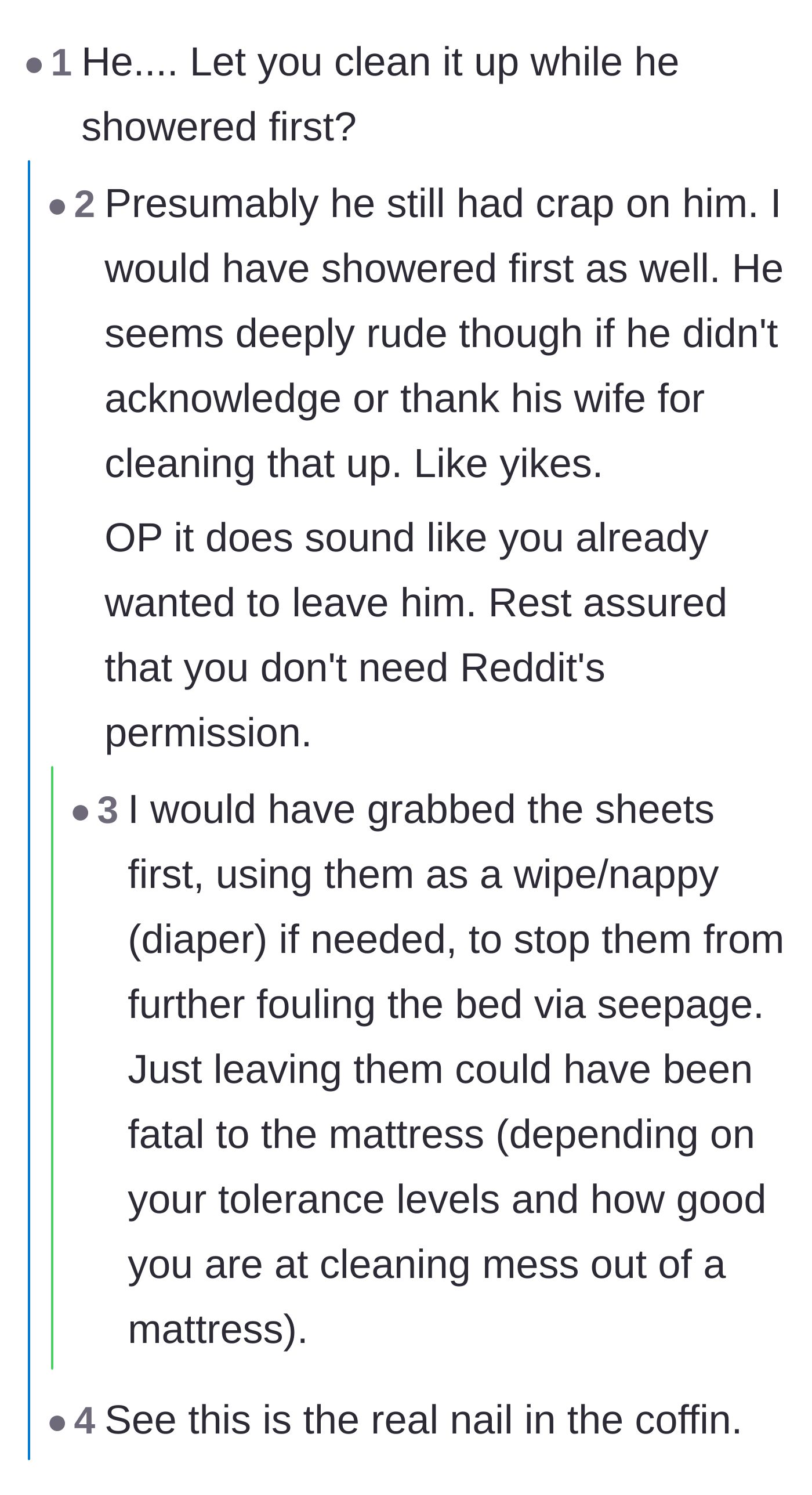 Comment thread 1 - Readers debating the husband's choice to shower first and abandon the mess for his wife to clean.