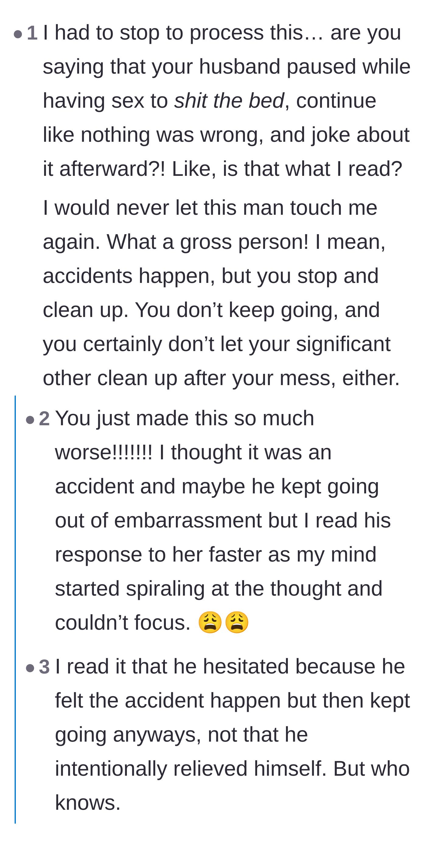 Comment thread 2 - Readers processing their utter disbelief at the husband's calculated decision to continue intimacy.