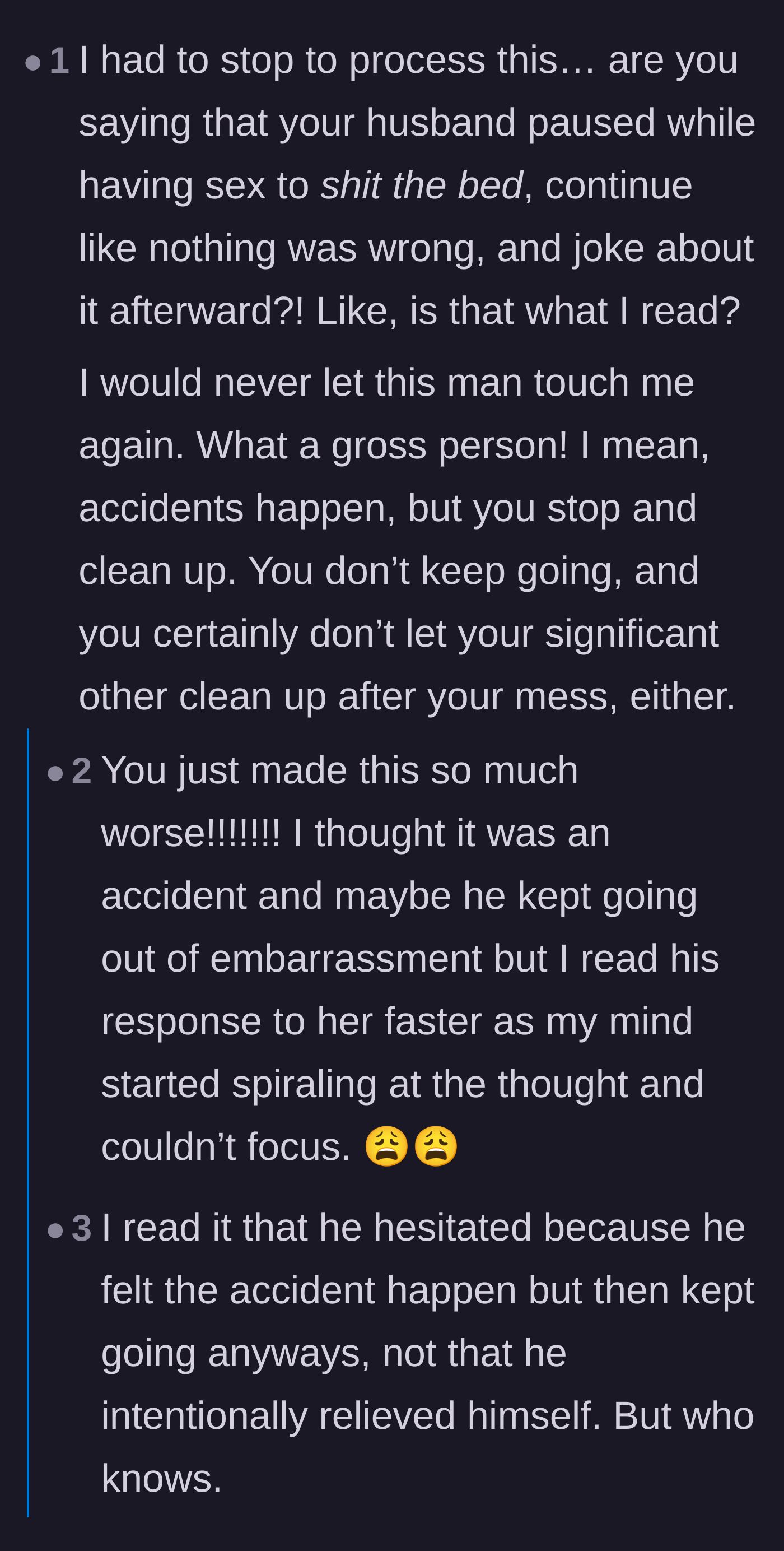 Comment thread 2 - Readers processing their utter disbelief at the husband's calculated decision to continue intimacy.