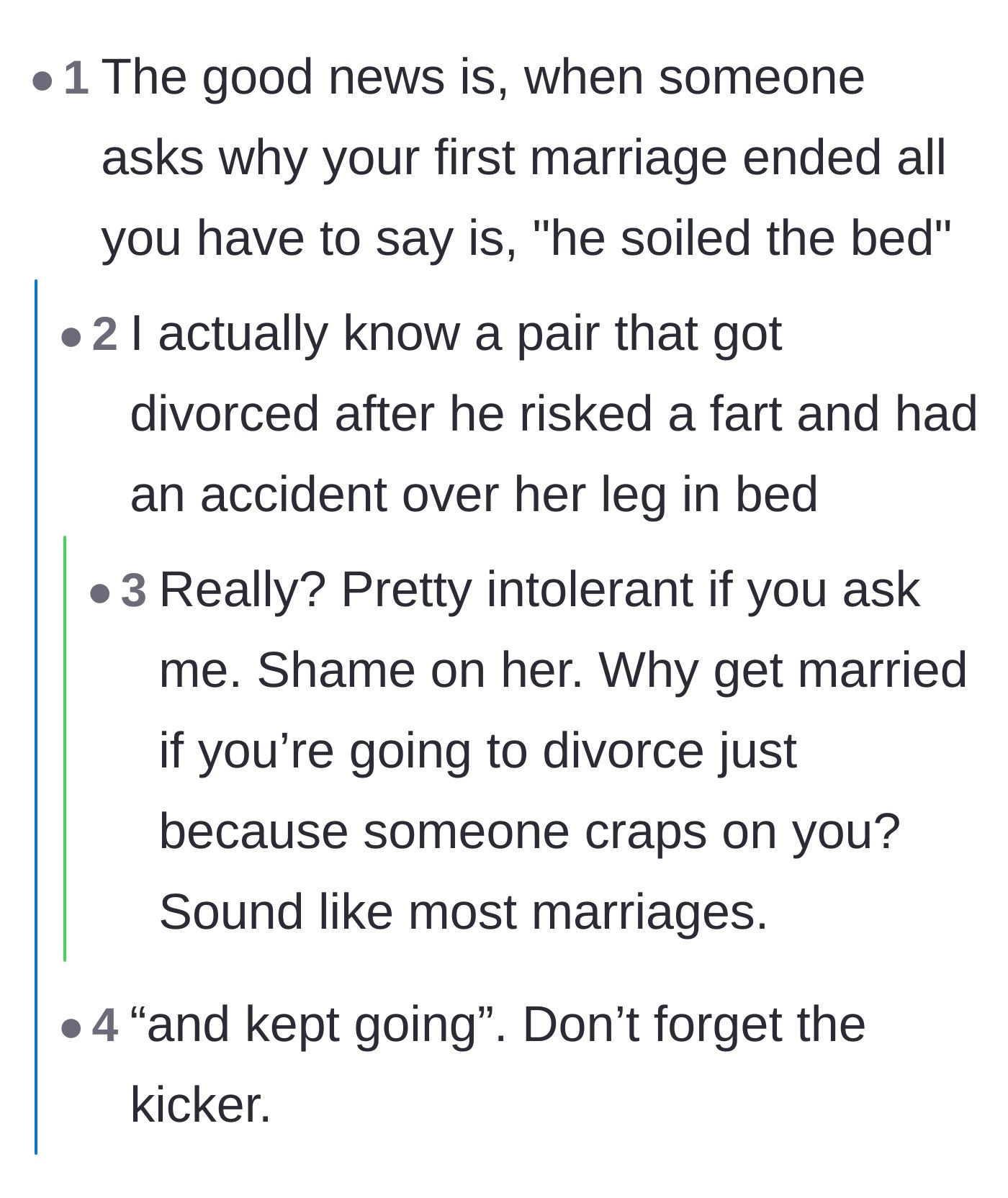 Comment thread 3 - Readers finding dark humor in the literal application of a common idiom to end the marriage.