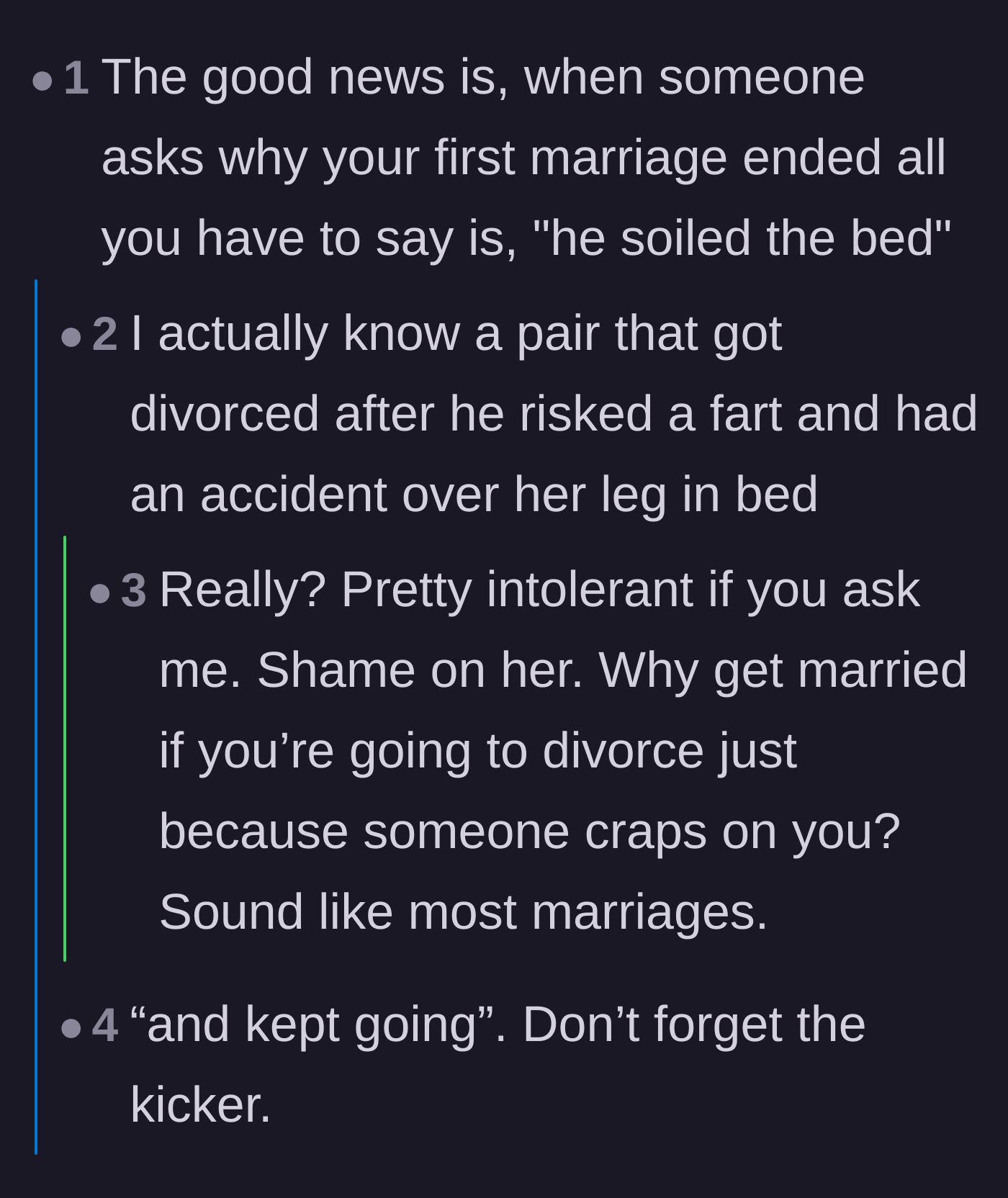 Comment thread 3 - Readers finding dark humor in the literal application of a common idiom to end the marriage.