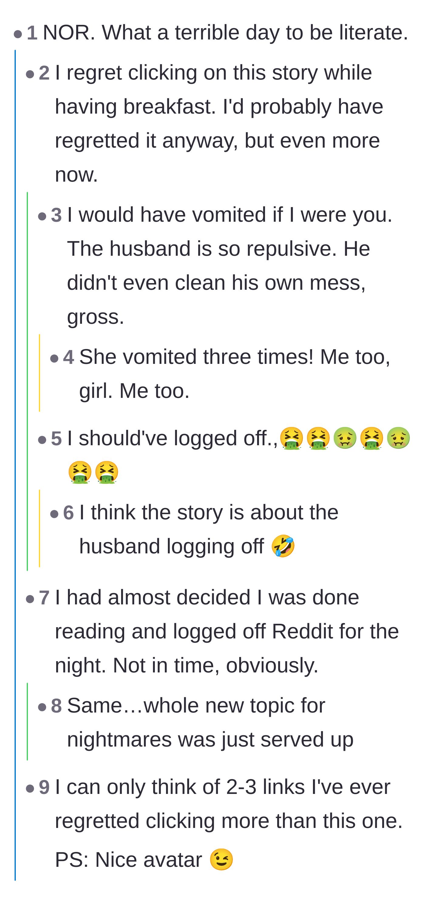 Comment thread 4 - Readers expressing extreme physical revulsion and regret over reading the graphic details.