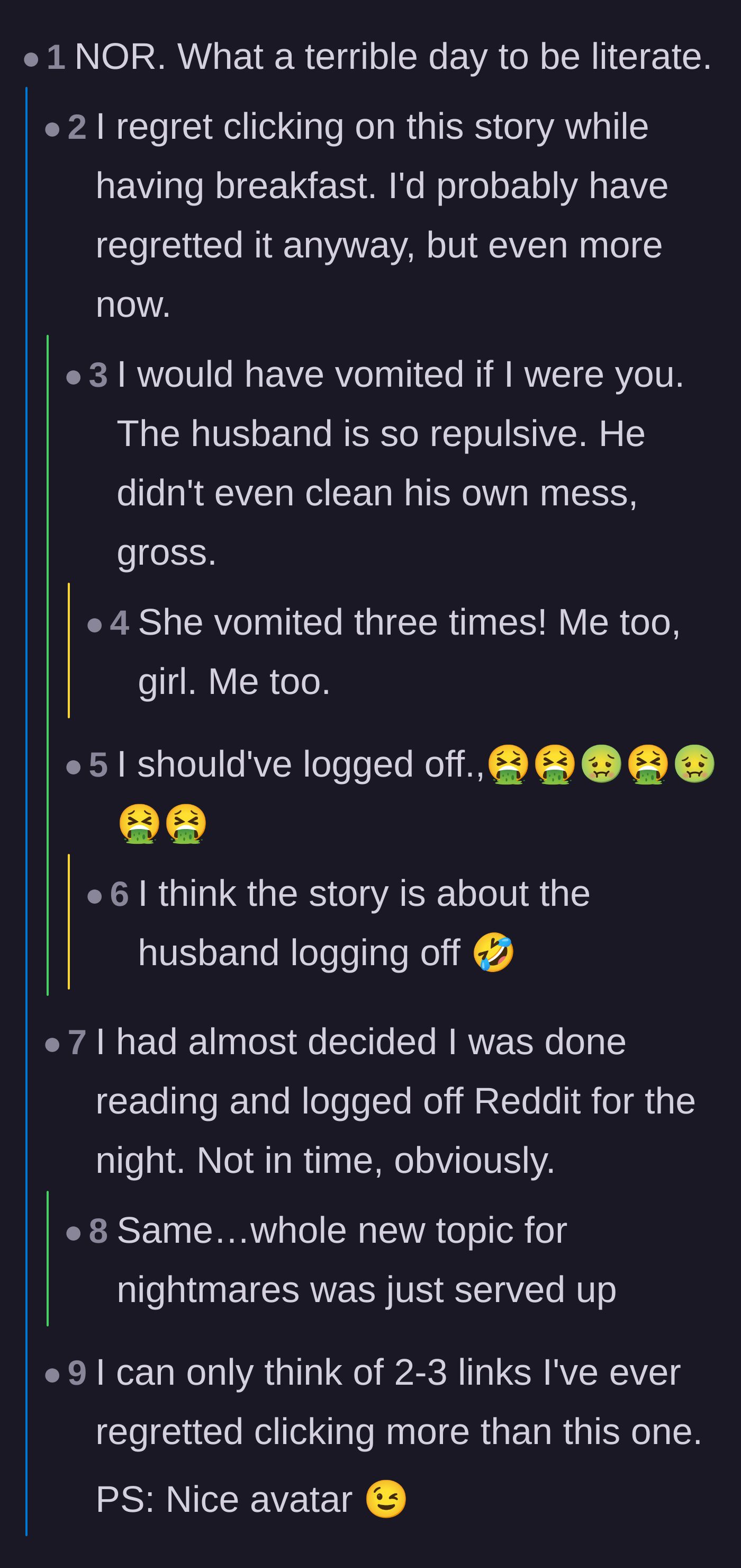 Comment thread 4 - Readers expressing extreme physical revulsion and regret over reading the graphic details.