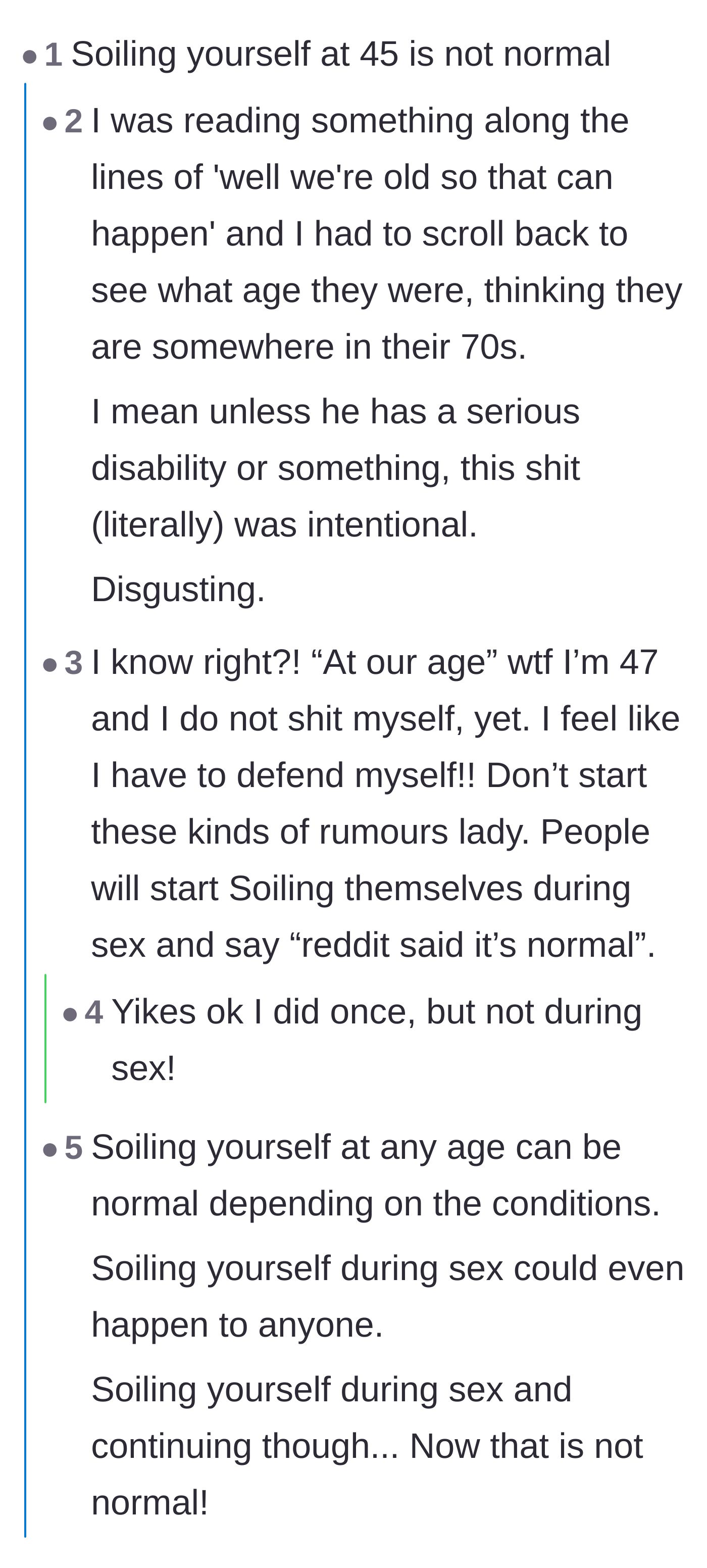 Comment thread 5 - Readers forcefully rejecting the wife's initial attempt to excuse the accident based on their age.