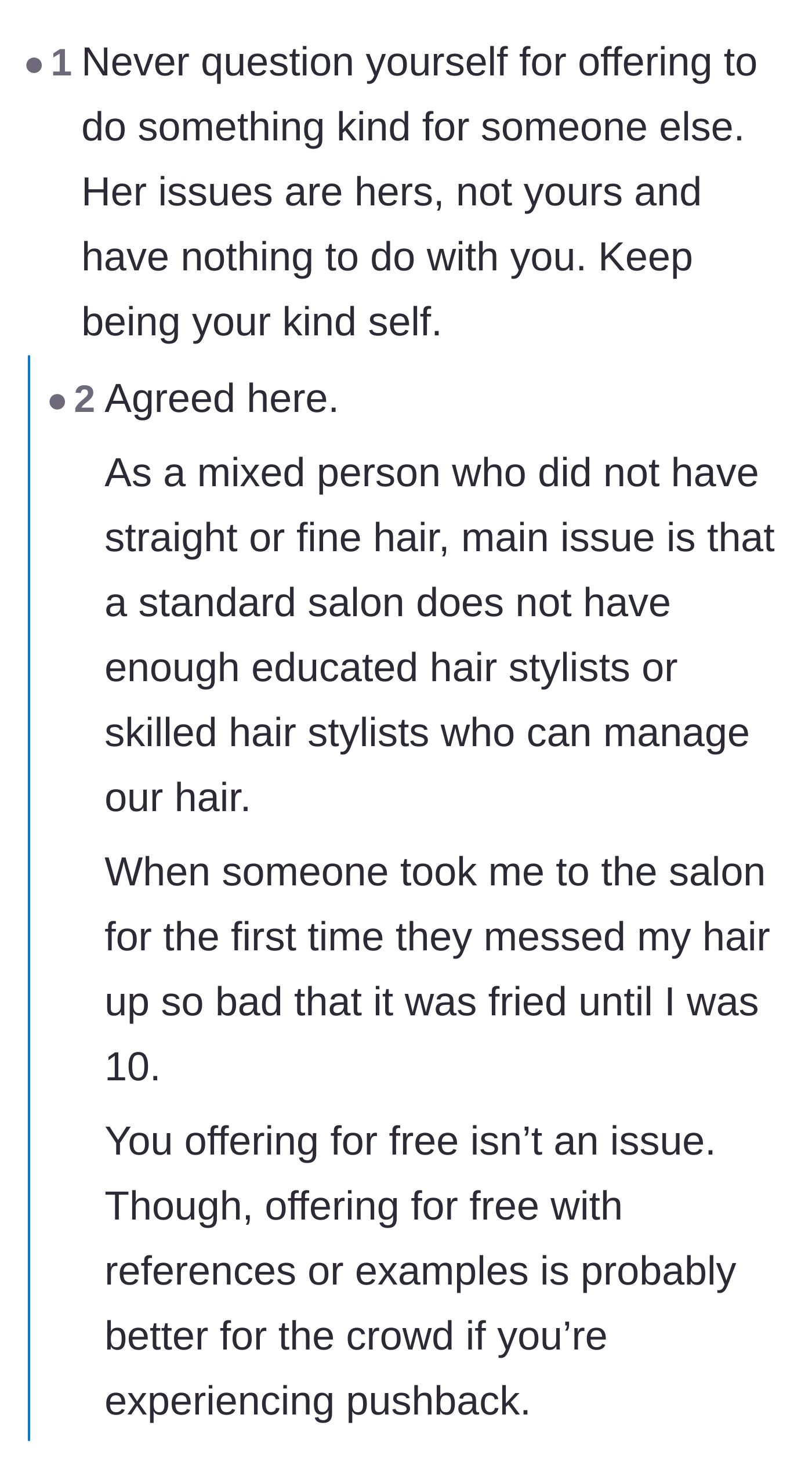 Comment thread 1 - Support for the main character's kind offer and discussion of the lack of stylists trained in managing curly hair.