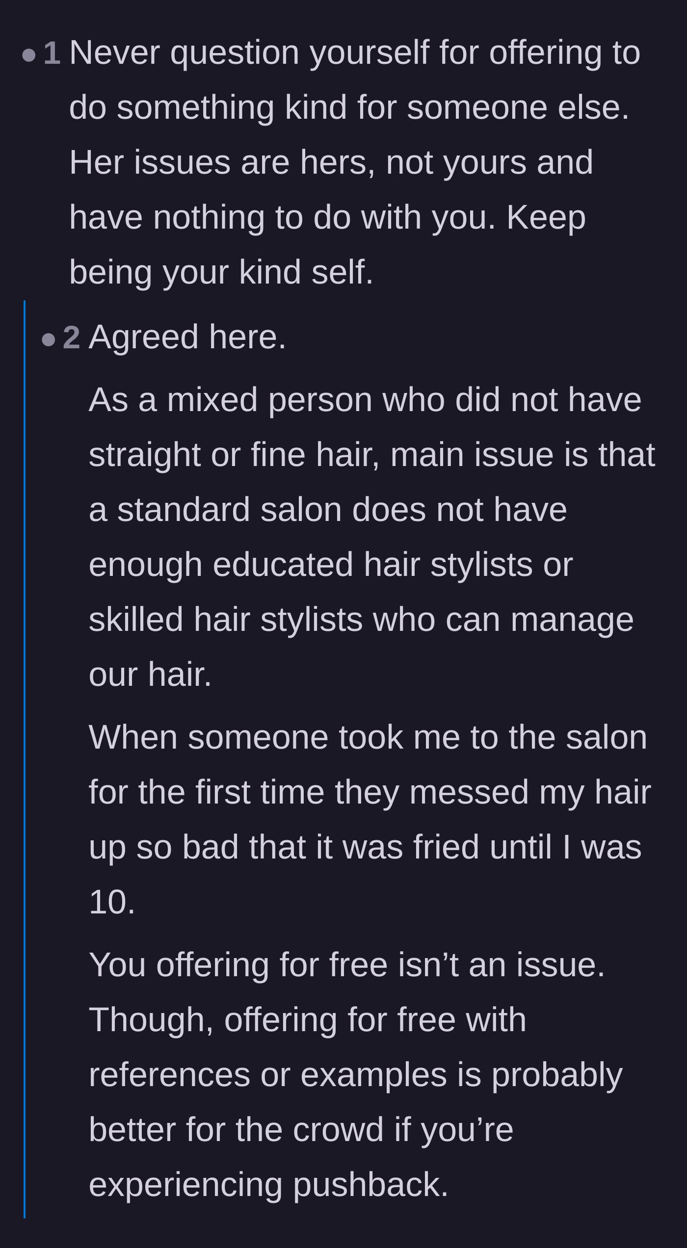 Comment thread 1 - Support for the main character's kind offer and discussion of the lack of stylists trained in managing curly hair.