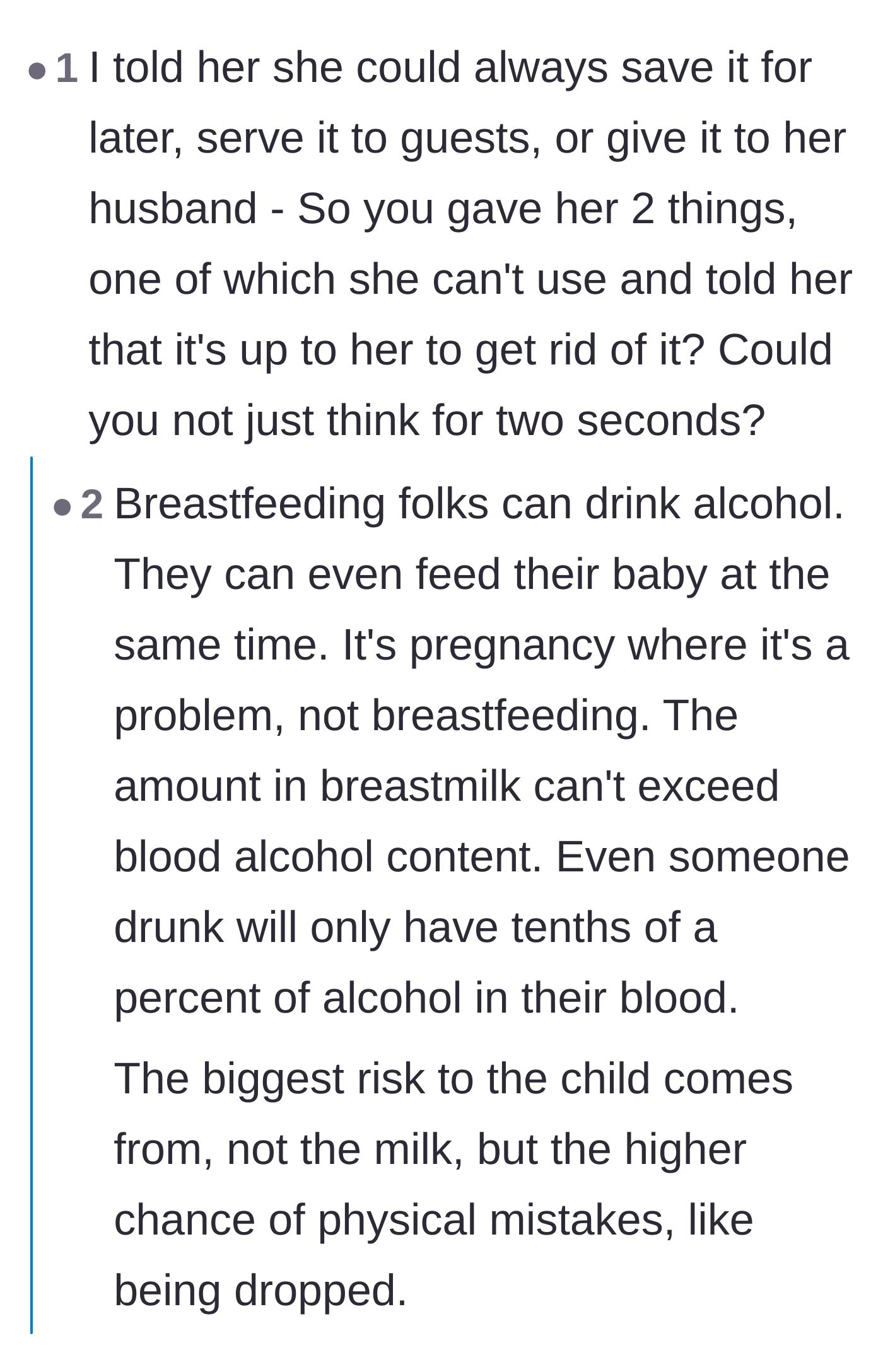 Comment thread 3 - A commenter criticizes giving a 'useless' gift, but a reply steps in to explain the actual science of breastfeeding and alcohol.