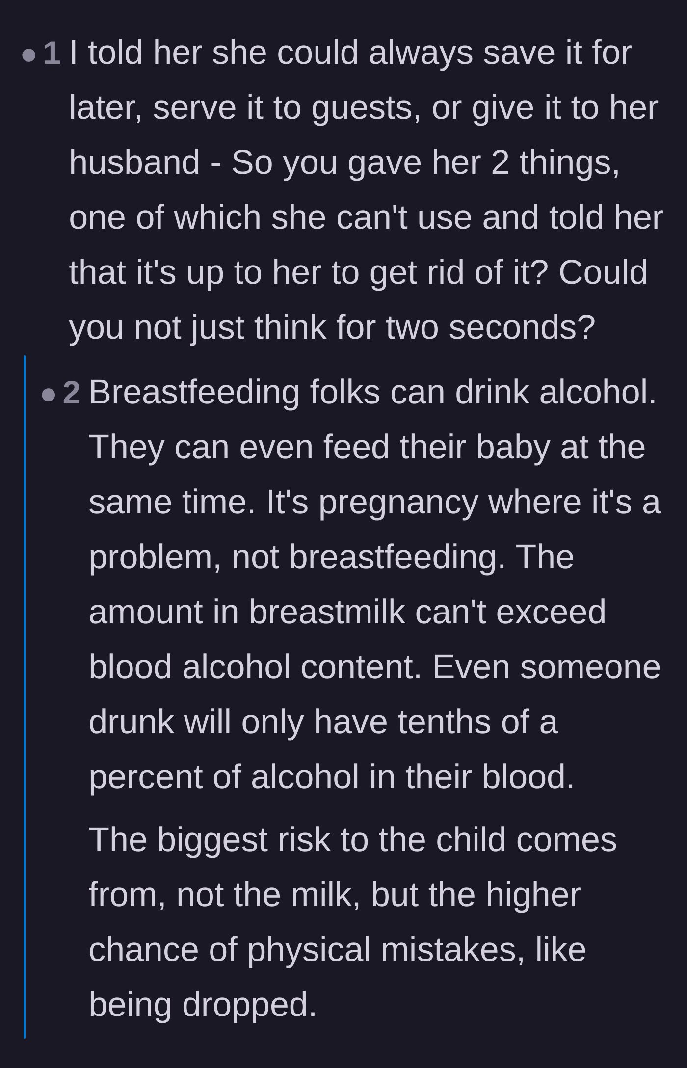 Comment thread 3 - A commenter criticizes giving a 'useless' gift, but a reply steps in to explain the actual science of breastfeeding and alcohol.