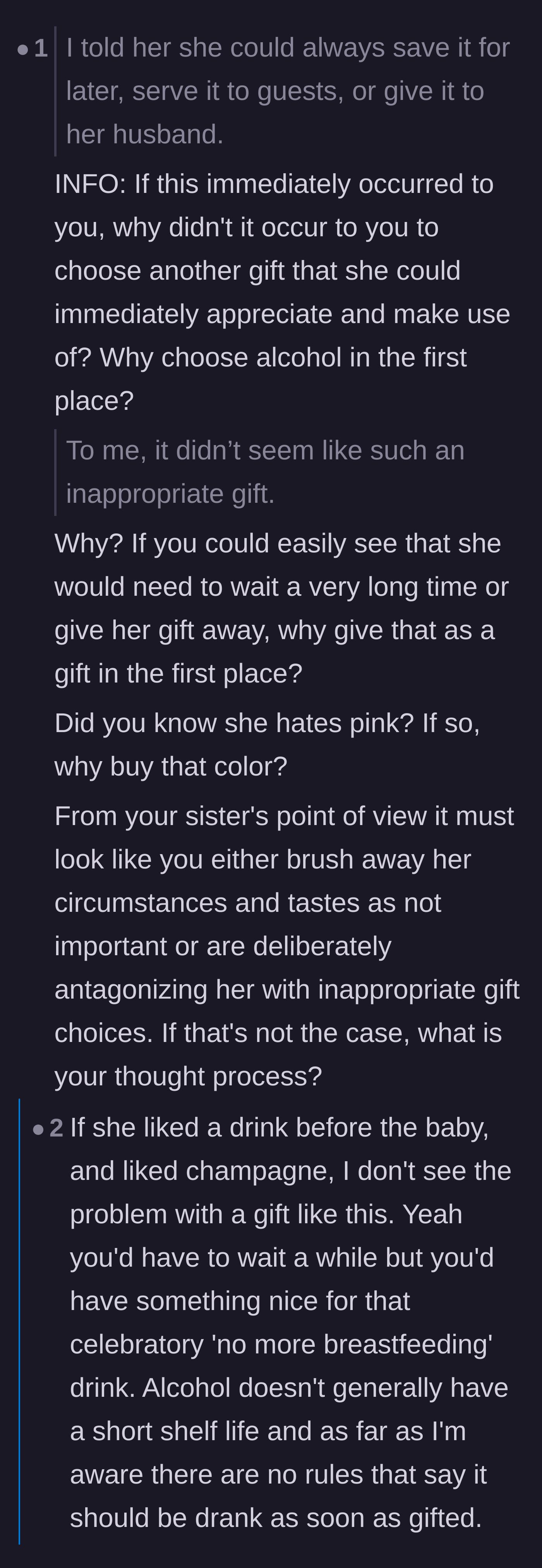 Comment thread 4 - A deep dive questioning the main character's motives is countered by a reply pointing out that champagne makes a great delayed-gratification treat.