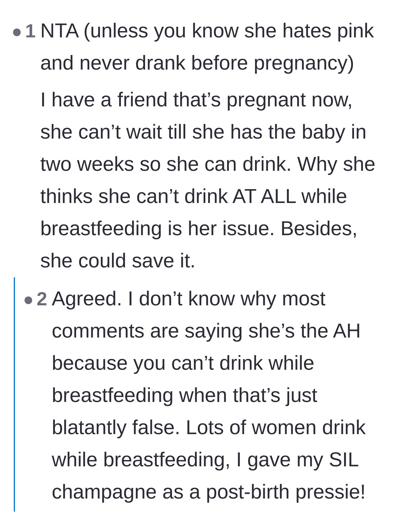 Comment thread 5 - Empathetic mothers in the comments agree that receiving a celebratory bottle of champagne after giving birth is completely normal and widely appreciated.