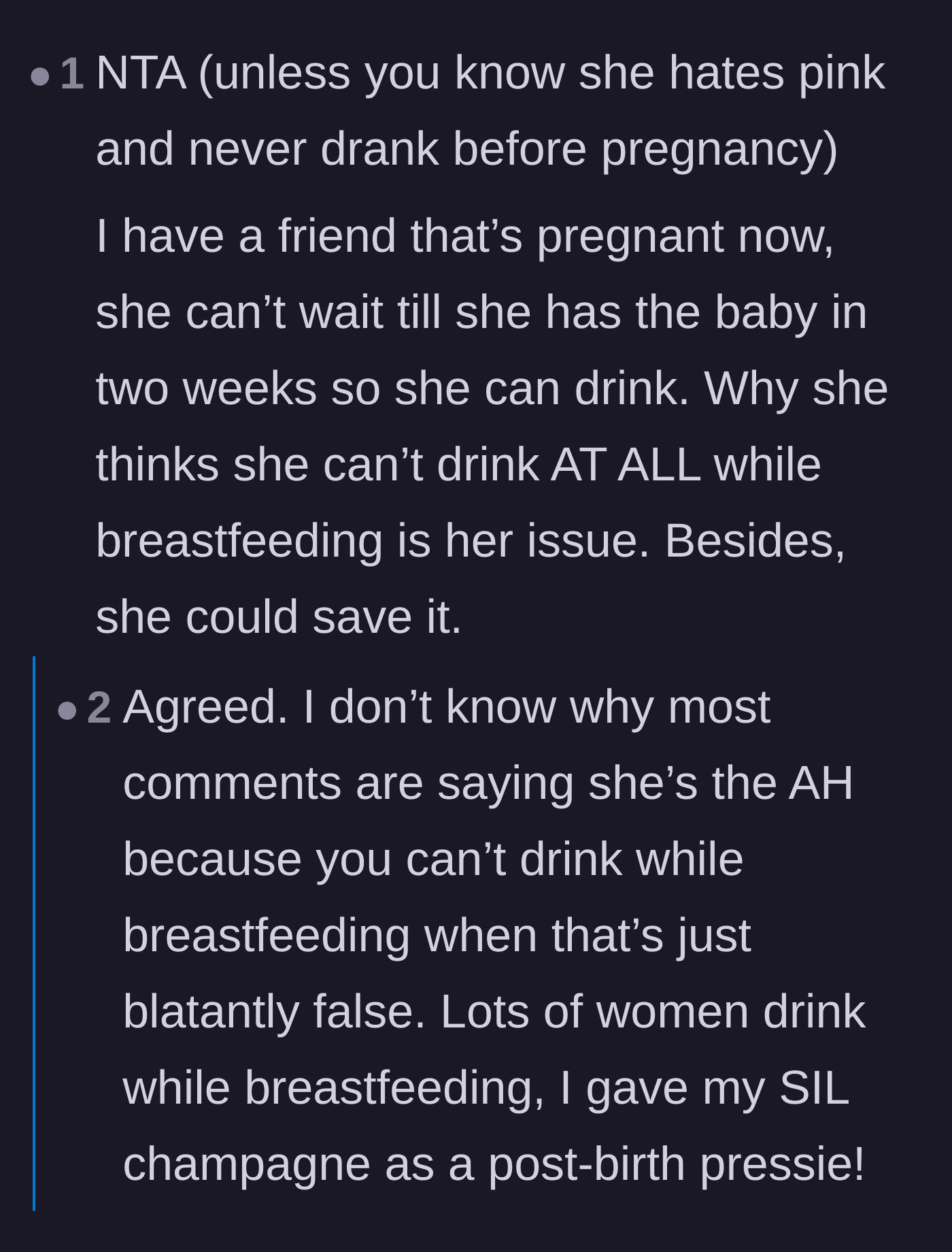 Comment thread 5 - Empathetic mothers in the comments agree that receiving a celebratory bottle of champagne after giving birth is completely normal and widely appreciated.