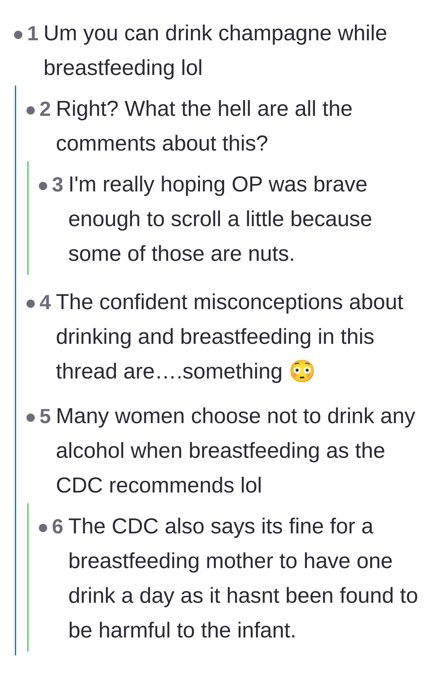 Comment thread 6 - Commenters correct widespread misconceptions and debate official CDC guidelines regarding alcohol consumption for nursing mothers.