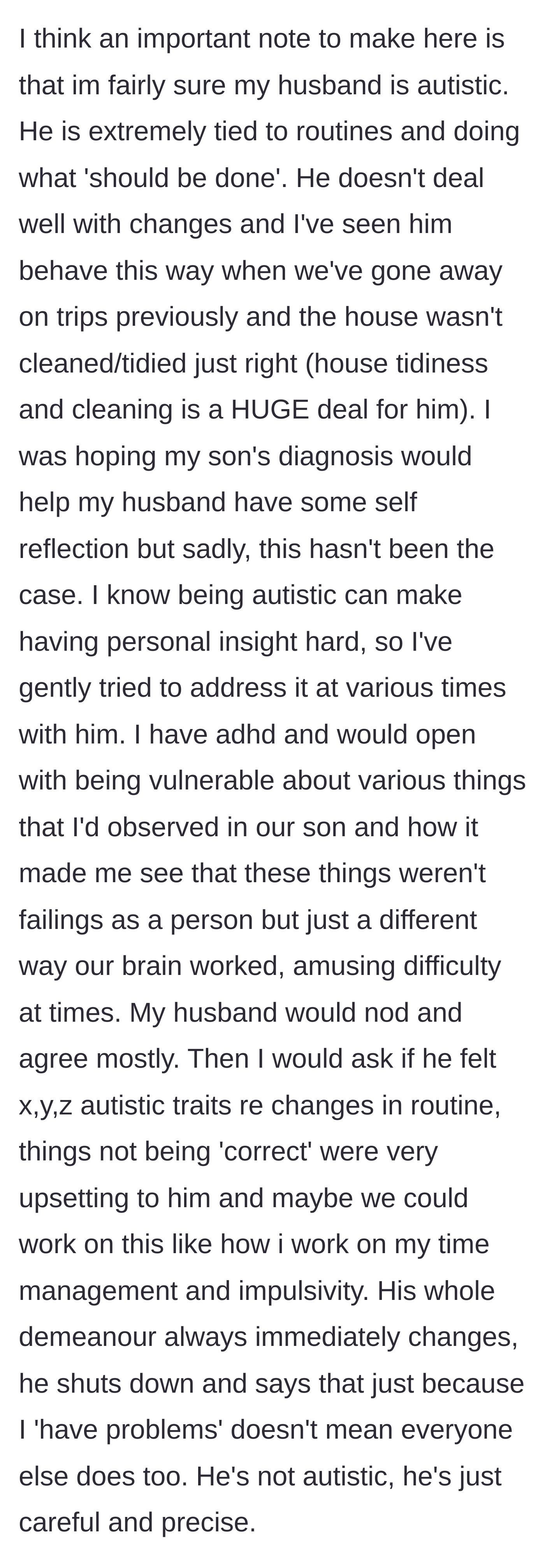 Story part 4 - The wife gently explores the possibility that her husband is on the autism spectrum, noting his extreme rigidity and defensive reactions to her vulnerable conversations.