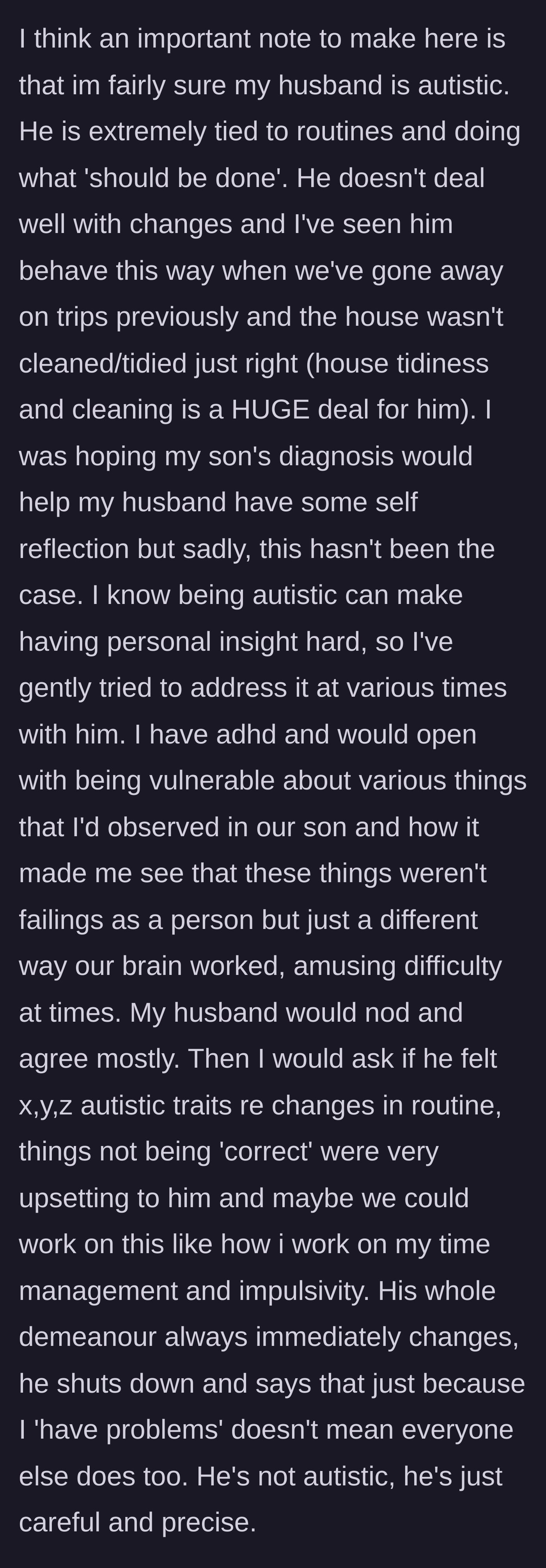 Story part 4 - The wife gently explores the possibility that her husband is on the autism spectrum, noting his extreme rigidity and defensive reactions to her vulnerable conversations.