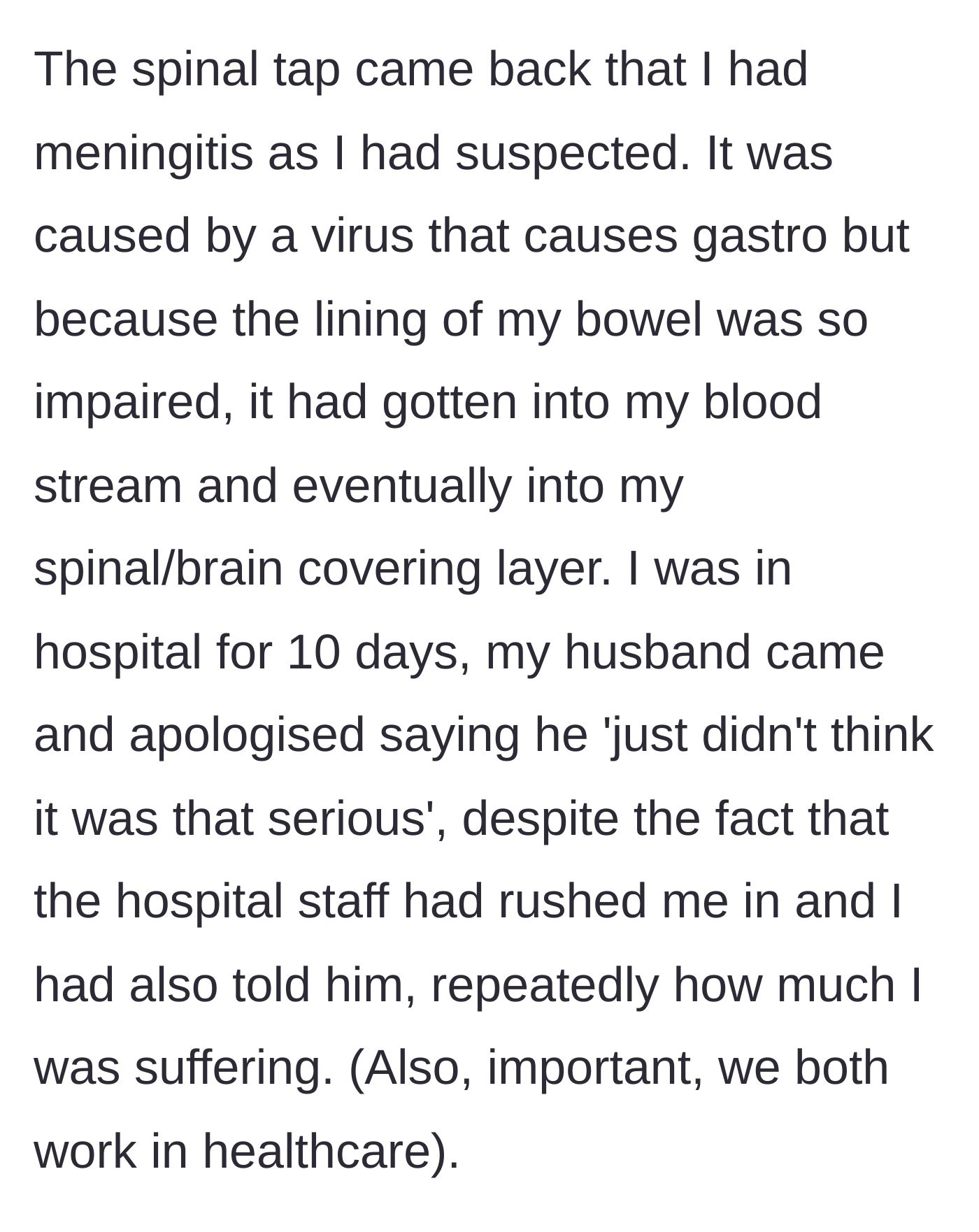 Story part 6 - The diagnosis of severe viral meningitis is confirmed, leading to a 10-day hospital stay where her husband offers a weak apology, a shock compounded by the fact that they both work in healthcare.