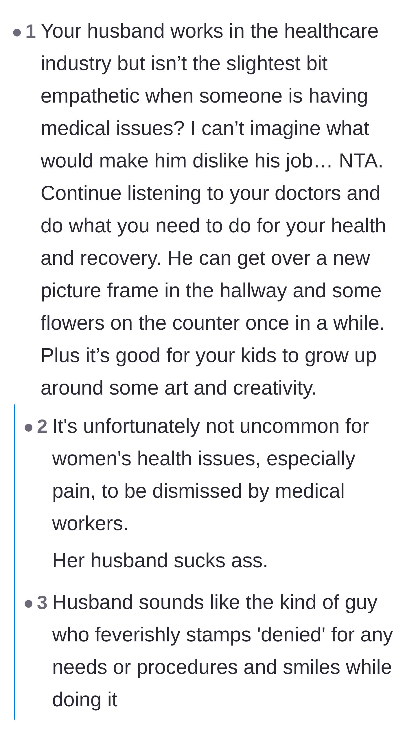 Comment thread 4 - A conversation highlighting the tragic irony of the husband working in healthcare while completely dismissing his own wife's medical agony.