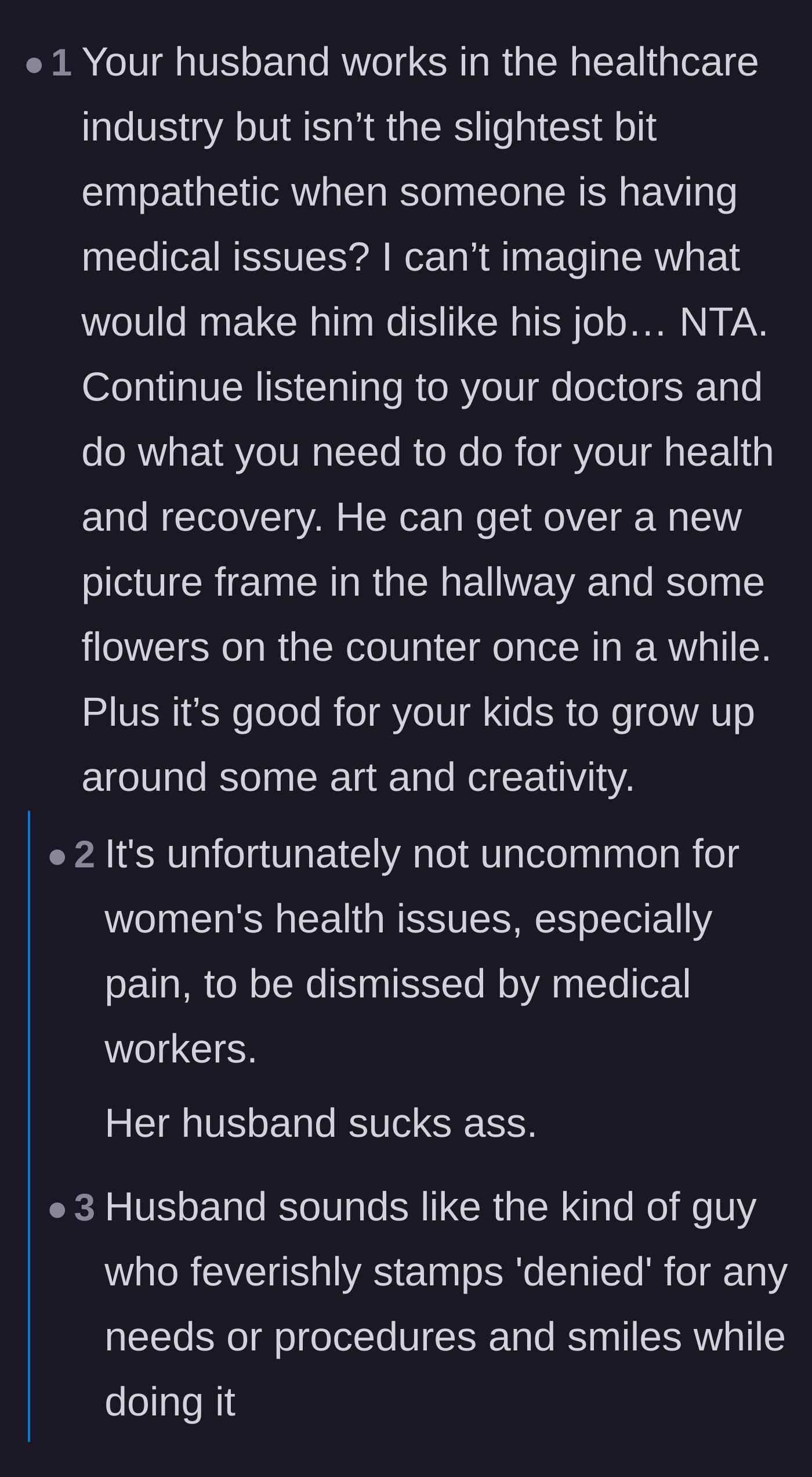 Comment thread 4 - A conversation highlighting the tragic irony of the husband working in healthcare while completely dismissing his own wife's medical agony.